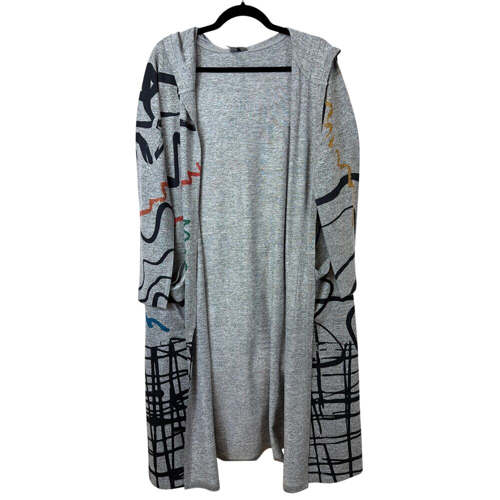 NWT Inoah Grey Abstract Doodle Open Front Hooded Duster Jacket Size S